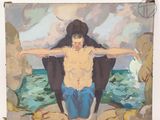 a painting of a man standing on a rock by the ocean