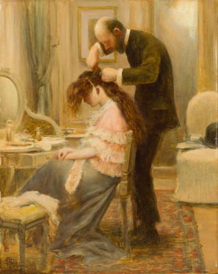 painting of a man combing a woman ' s hair in a living room