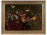 painting of a still life of fruit and flowers in a gold frame