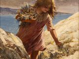 a painting of a young girl carrying a bunch of flowers