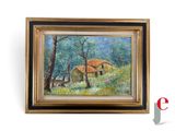 an image of a painting of a house in the woods