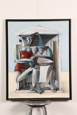 un tableau représentant une femme en robe rouge assise sur un tabouret