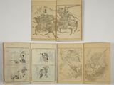a set of four japanese woodblocks depicting samurais on horseback
