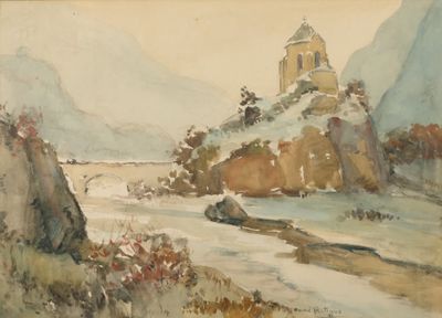 une image représentant un tableau représentant un paysage de montagne avec une église au loin