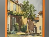 painting of a yellow house with a tree in front of it