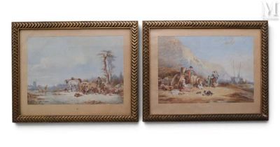 two paintings of a desert scene with a man on horseback and a man on a horse