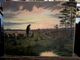 un tableau représentant un homme debout dans un champ avec un troupeau de moutons