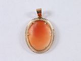 a close up of a pendant on a white surface