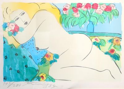 tableau représentant une femme allongée sur un canapé, avec des fleurs dans les cheveux