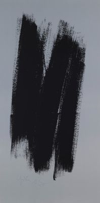 an abstract painting of a black letter m on a white background