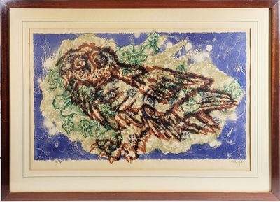 painting of an owl on a blue background in a wooden frame