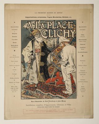 an old book with a picture of a man and a woman on a carpet