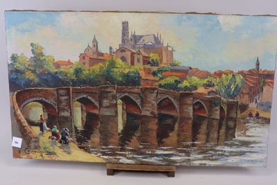 une peinture à l'huile représentant un pont enjambant une rivière, avec une église en arrière-plan