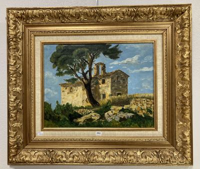 un tableau représentant un vieux bâtiment avec un arbre devant