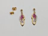 a pair of gold earrings with pink and white stones