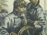 painting of two men on a boat with a steering wheel in the foreground