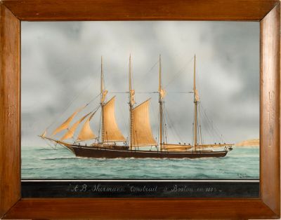 une vieille peinture représentant un bateau sur l'eau, avec le ciel en arrière-plan