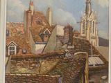 a painting of a building with a clock tower in the background