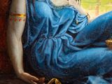painting of a woman sitting on a window sill next to a bird