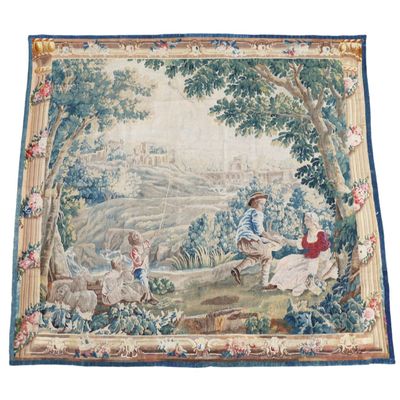 une image représentant une tapisserie sur laquelle figurent un homme et une femme assis sur un banc