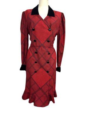 red and black plaid dress with black collared neckline