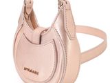 a close up of a pink purse on a white background