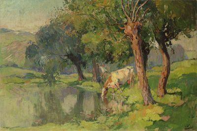 un tableau représentant une vache paissant dans l'herbe au bord de l'eau