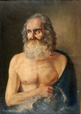 un vieux tableau représentant un homme barbu et torse nu