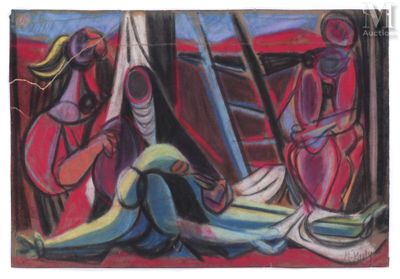 une peinture représentant une femme assise sur le sol à côté de deux vases