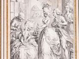 a drawing of a group of people sitting around a table in a room
