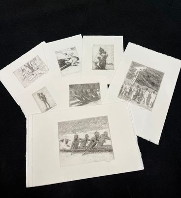 several black and white pictures of people sitting on a black surface