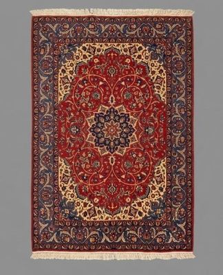a red and blue rug with a medallion design on it