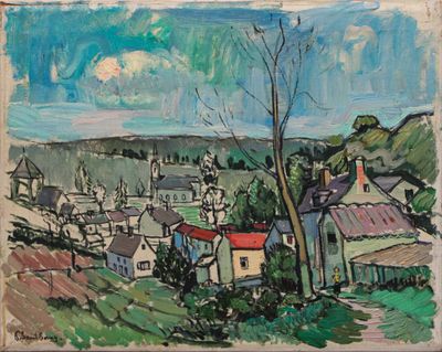 an image of a painting of a village in a hilly area