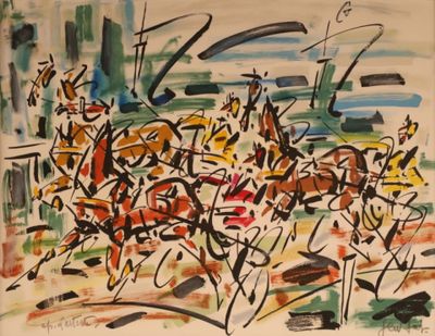 peinture abstraite représentant un groupe de personnes à cheval dans un champ