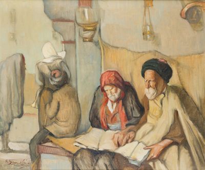 painting of a group of people sitting around a table in a room