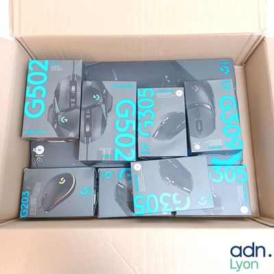 de nombreuses boîtes contenant des souris d'ordinateur, rangées dans un carton