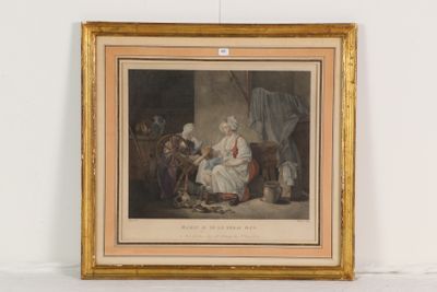 une vieille photo représentant un tableau où l'on voit un homme et une femme dans une pièce
