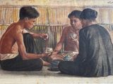 a painting of three people sitting on the floor