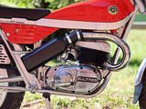 a red and black motorcycle parked in the grass