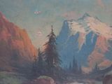 a painting of a mountain scene with a river in the foreground