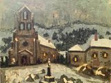 tableau représentant une église sous la neige, avec une fontaine au premier plan