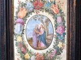 a painting of a woman holding a child in a wreath of flowers