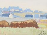 painting of two cows grazing in a field with houses in the background