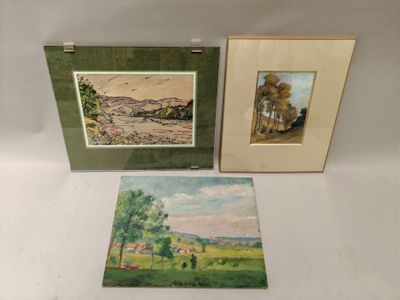 deux tableaux encadrés représentant un paysage et un tableau représentant une ferme