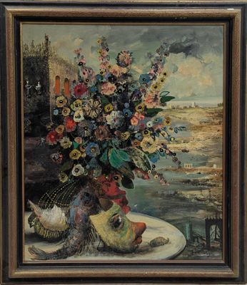 peinture représentant un vase de fleurs sur une assiette, avec une paire de chaussures