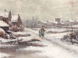 painting of a woman and child walking down a snow covered road