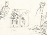 sketches of a woman sitting in a chair and a man standing next to her