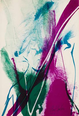 an abstract painting of pink and green paint on a white background