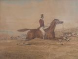 a painting of a man riding a horse in the desert