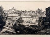 drawing of a view of a town with a church and a river